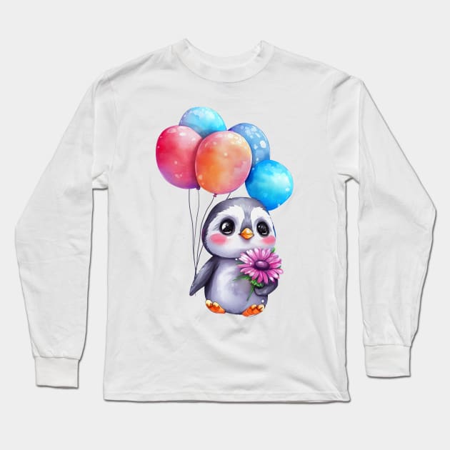 baby penguin holds balloon Long Sleeve T-Shirt by abbeheimkatt